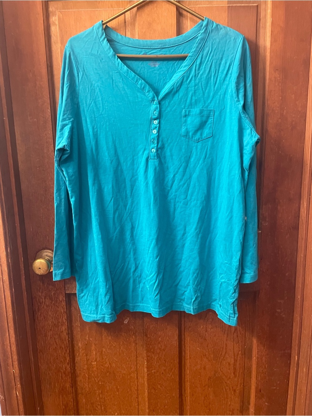 Roaman's Teal Long Sleeve Henley with Chest Pocket